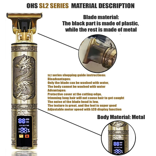T9 Hair Clipper metal body with dragon design, plastic black blade, LCD display, adjustable motor speed, and protective cutting edge.